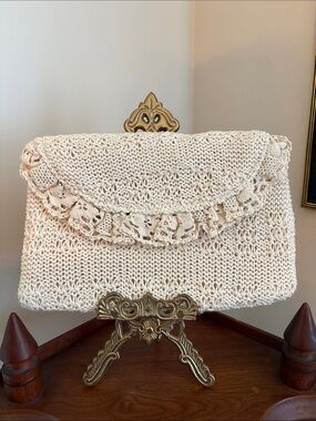 Vintage Boho Women’s Crochet Ruffle Flap Clutch — Cream, Made in Hong Kong